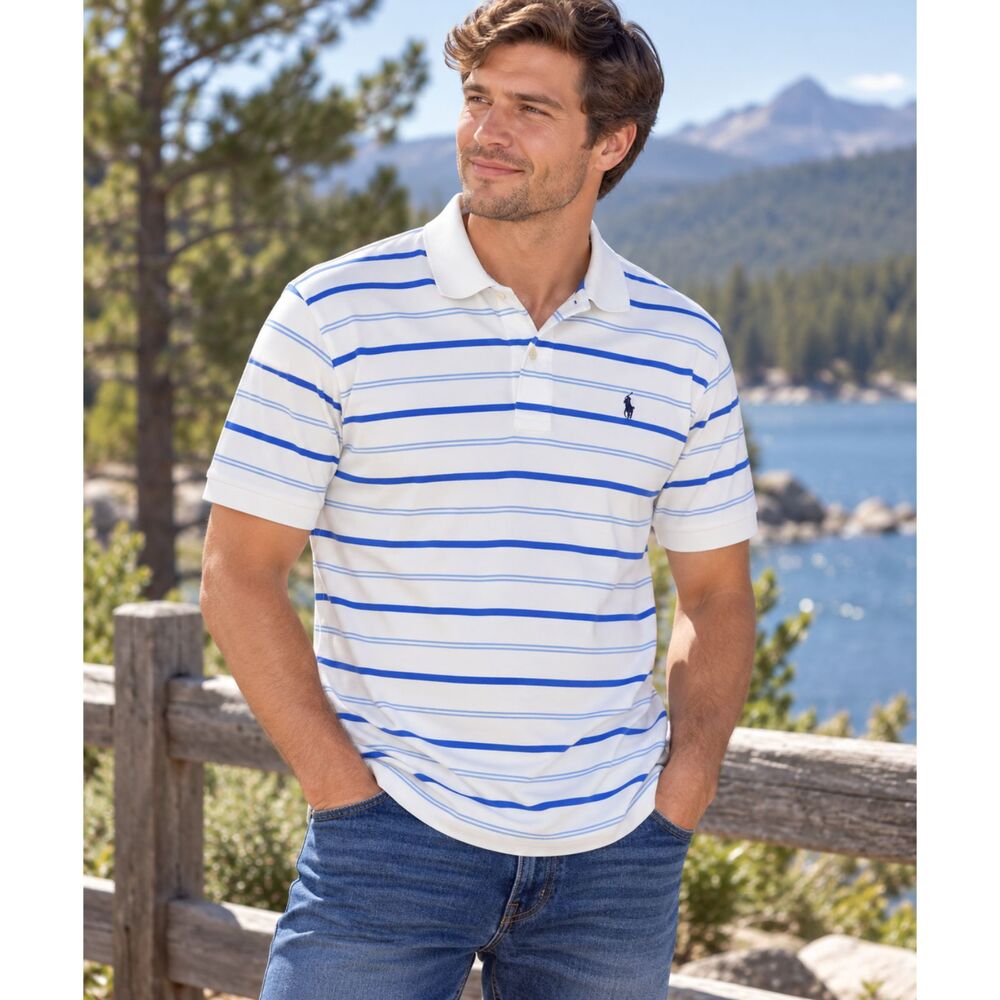 Polo Ralph Lauren Mens Size Large Striped Polo Shirt White Blue Pony Logo Casual